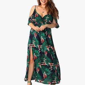 Plus Size Cold Shoulder Floral Maxi Bohemian Split Dress